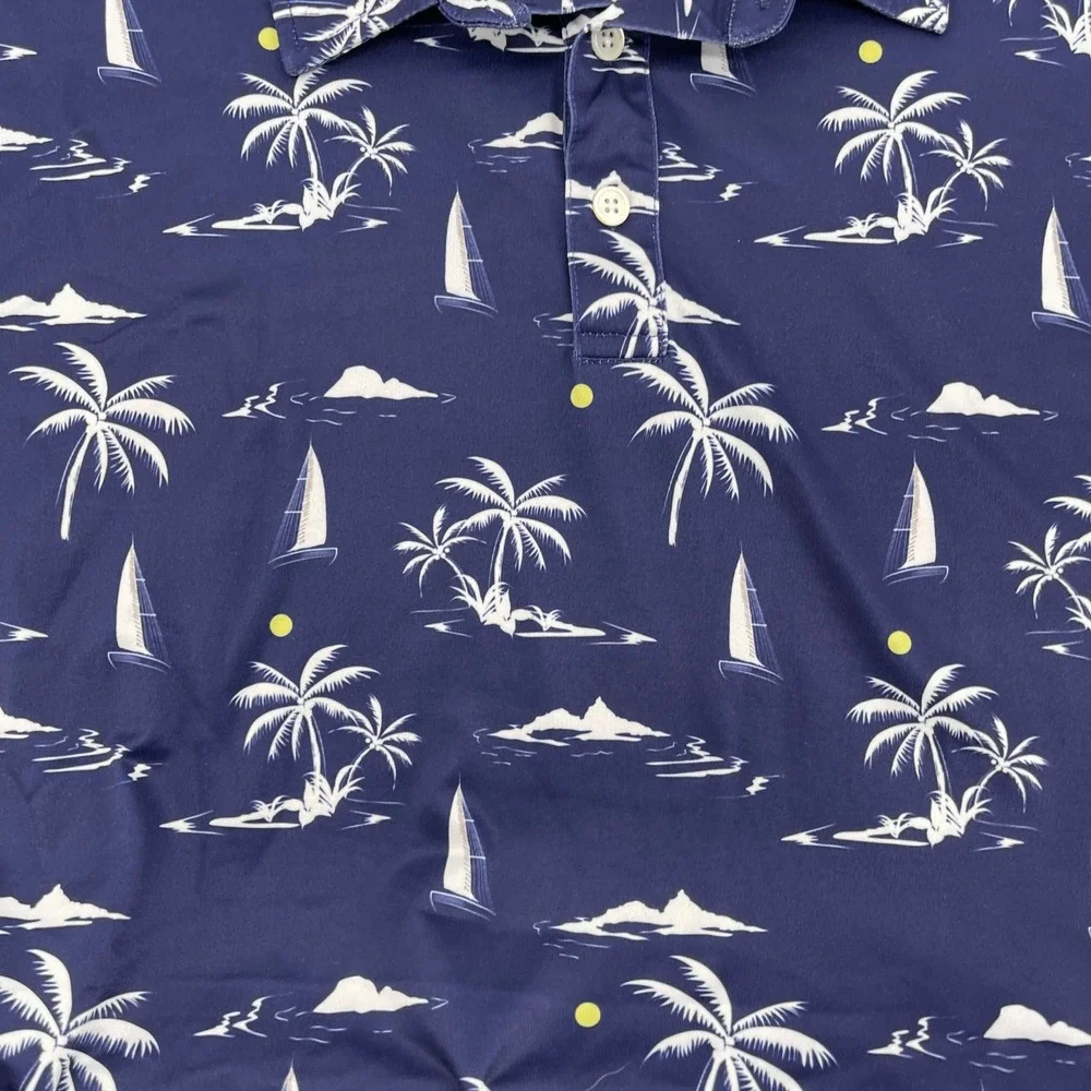 Kaipar Mens 3XL Navy Blue Tropical Palm Tree Sailboat Short Sleeve Polo Shirt - Picture 3 of 5